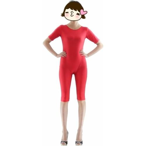 Red color round neck bodysuit Dance Unitard Adults Short sleeve Jumpsuits Sports Wear Skin Tights