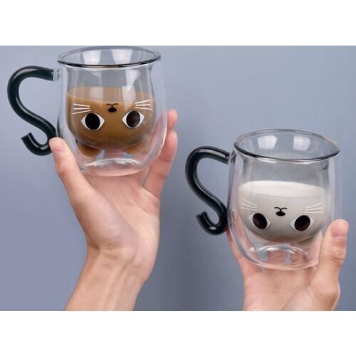 Cute Black Cat Glass Mug Coffee Cup Milk Juice Double Glass Cup Cute Creative Anniversary Valentines Day Gift