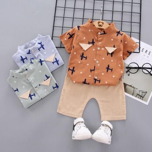 2019 New Boys Summer Short-sleeved Shirt Plane Design Shirt + Shorts 2 Times