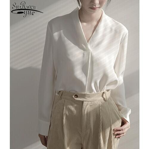 Office Lady Chiffon Shirts Women 2021 Spring Autumn White Blouse Women Long Sleeve V Neck Vintage Tops Female Clothing 12609