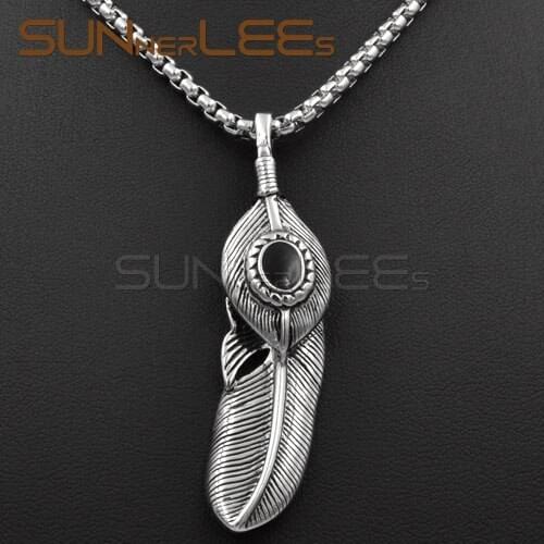 SUNNERLEES Fashion Jewelry Stainless Steel Punk Feather Pendant Necklace Link Chain Optional For Mens Womens SP48