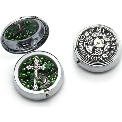 QIGO Vintage Metal Holy Grail Rosary Necklace Box Packing Religious Jewelry Case Gift