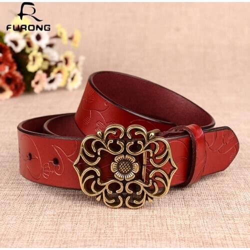 FURONG Fashion Women Belt Female Hollow Out Flower Design Press Buckle Leather Waist Belts Real Cow Leather Belt For Women