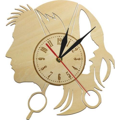 Beauty Hair Salon Natural Wood Wall Clock Creative Design Haircut Timepieces Quartz Movement Wooden Wall Decoration Gift