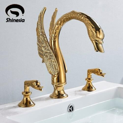 Luxury Bathroom Faucet Brass Gold Finish Golden Swan Shape Basin Tap Dual Handle Deck Mount Mixer Tap Sink Faucets