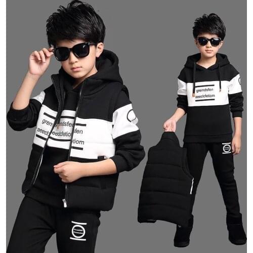 Sports Suit For Boys 3pcs/set Childrens Suit Cotton Hooded Vest + T-shirts + Pants Girl Kids Sportswear Tracksuit Warm Clothing