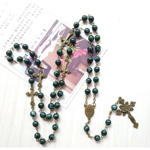 Vintage Religion Rosary Necklace Alloy Virgin Jesus Cross Pendant Necklace Handmade Round Beads Chain Jewelry Gifts