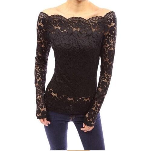 5XL 2021 Summer Tops Lace Shirt Women White Slash Neck Long Sleeve Hollow Tee Shirt Blouse Sexy Skinny Shirt Plus Size Blusas