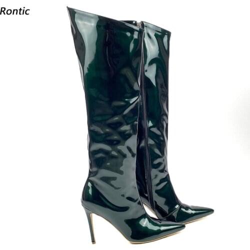 Rontic New Fashion Women Winter Knee Boots Unisex Side Zipper Stiletto Heels Round Toe Dark Green Black Casual Shoes Size 35-47