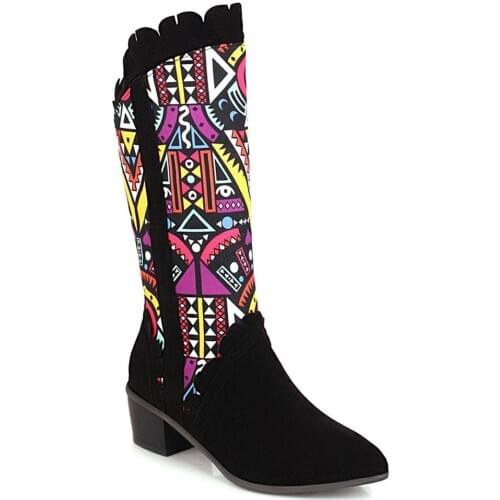 Pointed Thick Heel Frosted Flock Knee-Length Boots Ethnic Gothic Pattern Ruffled Side Zipper Orange Women’S Boots Khaki Plush