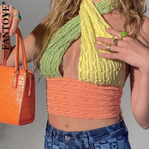 FANTOYE New Halter Sleeveless Mixing Colors Tank Tops 2021 Summer Women Sexy Sling Camis Streetwear Female Casual Slim Tank Tops