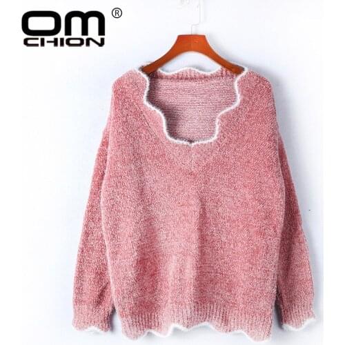 OMCHION 2020 Autumn Winter Ruffled Neck Knitted Sweater Women Casual Loose Solid Pink Pullover Oversized Thick Jumper LSM19