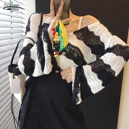 Hollow Out Design See Through V-Neck Long Sleeve Striped Casual Loose Knitted Top Autumn Winter New Fashion Women Sweaters 16562