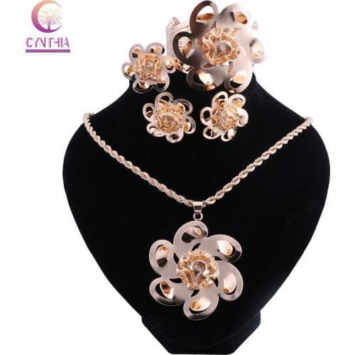 Women Jewelry Sets Dubai Gold Color African Beads Jewelry Set Fashion Flower Pendant Necklace Set Jewellery Party Gift