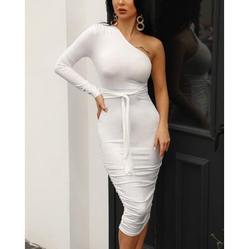 2021 Satin Lace Up Summer Women Bodycon Long Midi Vintage One Shoulder Ruched Design Bodycon Dress