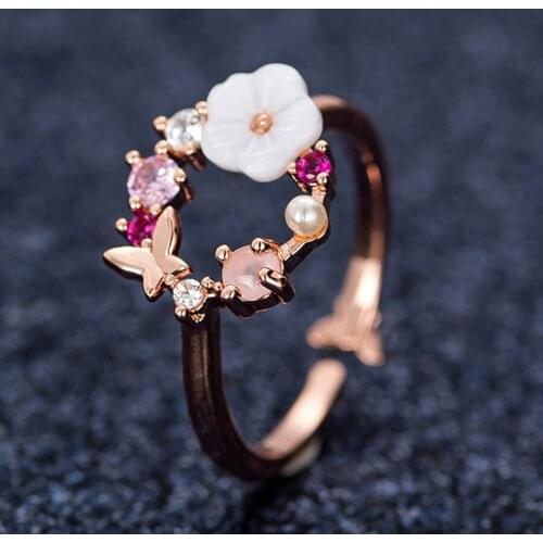 Ladies Butterfly Crystal Ring Fashion Special Shaped Pearl Ring Adjustable For Bride Wedding Engagement Birthday Gift Jewelry