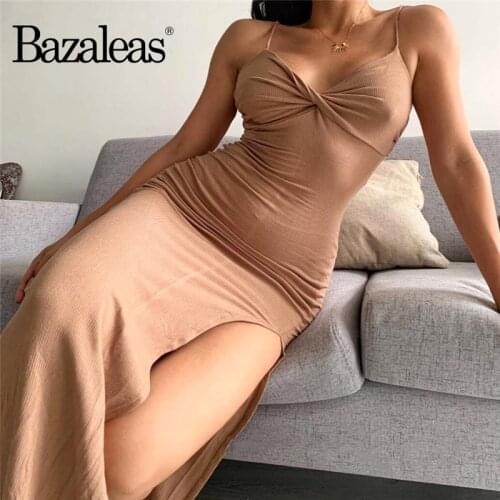 Bazaleas Vintage Front Ruched Tank Women Dresses Streetwear Spaghetti Strap Women Midi Dress Fashion Sleeveless Split Vestido