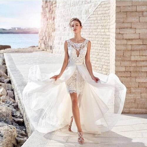 Gy Wedding Dress Boho 2021 Vintage 2 IN 1 Front Short Long Back Chiffon Simple Beach Sleeve Civil Rustic Robe De Mariee Charming