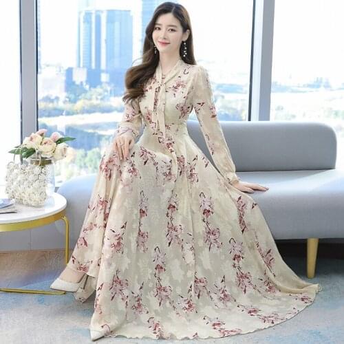 2021 New Floral Chiffon Boho Beach Dress Ladies Spring Autumn Plus Size 4XL Vintage Long Dresses Women Party White Vestidos G870