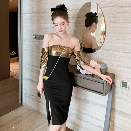 Fashion Vintage Sexy Slash Neck Strapless Split Midi Party Birthday Dress Ladies Elegant Robe Short Sleeve Bodycon Beach Dress
