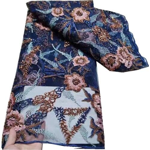 African Lace Fabric 2021 High Quality Lace With Sequins/beads 5 Yards French Tulle Nigerian Lace Fabric For Dress Sew YY-550