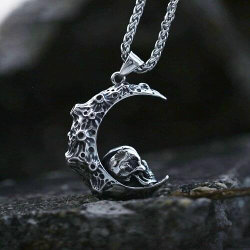 Gothic Crescent Skull Pendant Necklace Punk Hip Hop Biker Stainless Steel Men Necklace Chain Fashion Goth Jewelry Gift Wholesale