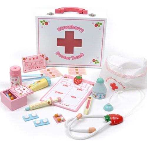 Wooden Doctor Toys Kids Medicine-Box Japanese Simulation Medical Tools Kit Strawberry Clinic Role Play Medicine Accessories