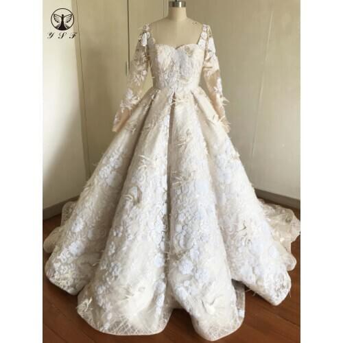 Classic Wedding Dresses Square Long Sleeve Puffy Lace Ball Gown Chapel Train Robe De Mariee