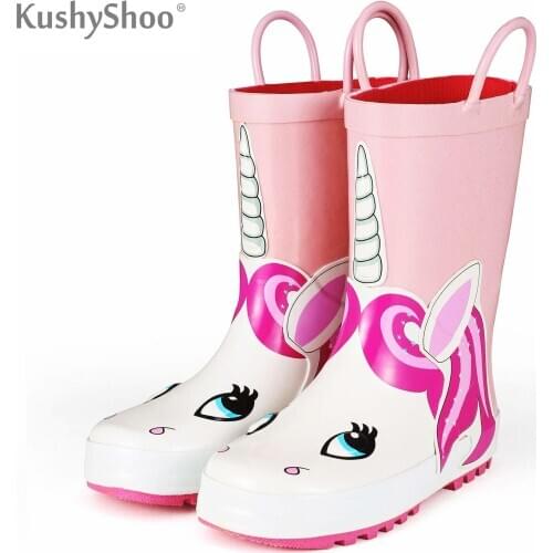 KushyShoo Rain Boots Children Mid-calf Boots Baby Toddler Rubber Waterproof Water Shoes Kids Toddler Girl Boots 3D Unicorn Shoes