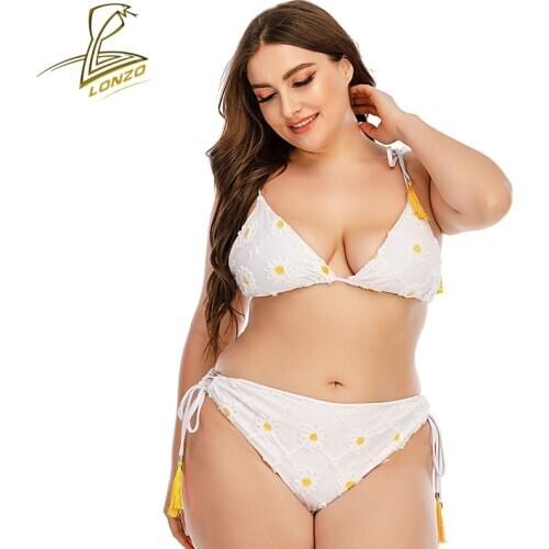 LONZO 2021 plus size women 2 piece sets swimsuit petal embroidery sexy bikini set Lace-up sling swimsuit LSWB103