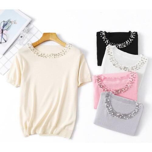 Fashion Womens Diamonds T Shirt Summer O Neck Short Sleeve Knitted Sweater Female Elegant Loose Tee Tops