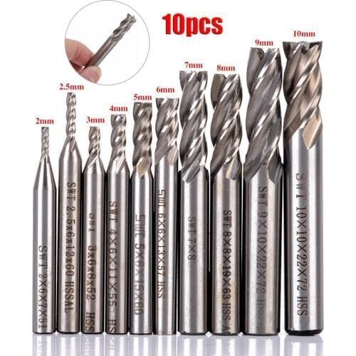 10pcs 4 Flute Straight Shank End Mill Set HSS CNC Milling Cutter For Wood Plastic Aluminum Cutting Tools 2-10mm