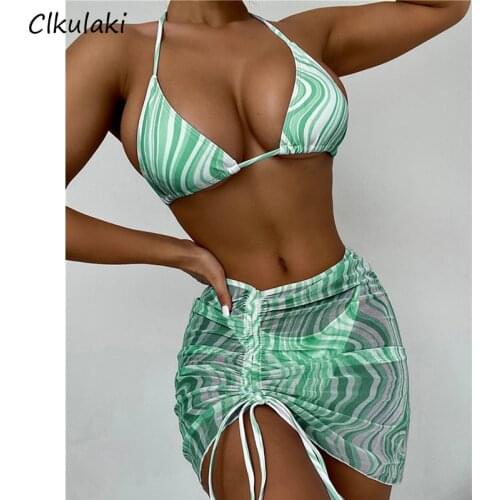 Sexy Halter Folds Bikini Sets Swimsuit Womens Three Pieces With Skirt Swimwear 2021 Summer Beachwear Biquini Swim Bathing Suits