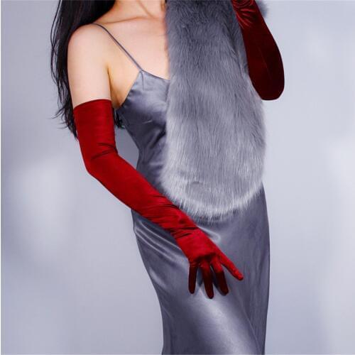 Silk Gloves Female 58cm Elastic Silk Satin Deep Red Wine Red Long Sunscreen Gloves SCJH58