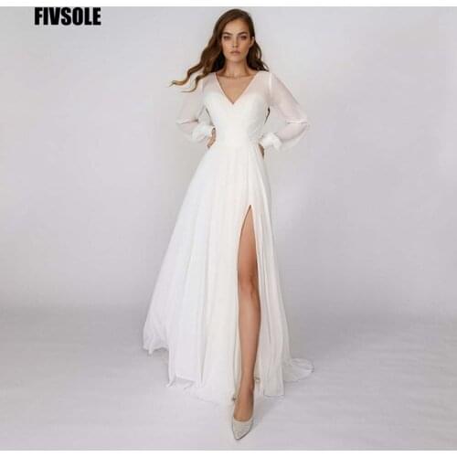 Fivsole A-line Chiffon Wedding Dresses With Long Sleeves Bridal Gowns V-neck Hollow Back Simple Design High Split Robe De Mariee