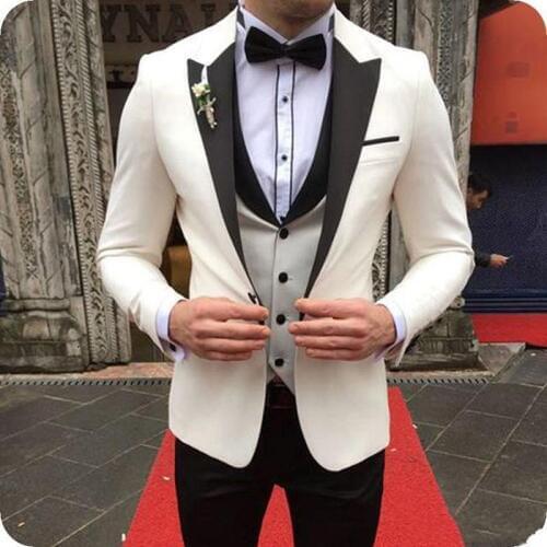 Stylish Design One Button Ivory Groom Tuxedos Groomsmen Peak Lapel Mens Suits Blazers (Jacket+Pants+Vest+Tie) W:1136