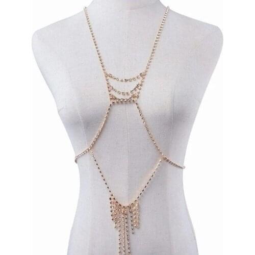 StoneFans Sexy Full Rhinestone Body Chain Necklace Jewelry Unique Shiny Gold Crystal Body Bra Beach Gift for Women