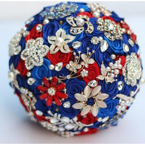 Bride rose holding flowers, New arrival Romantic Wedding Red & Sapphire Rose Bride 's Bouquet, brooch bridal bouquets 8 inch