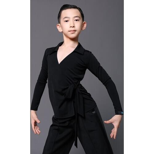 Boys Latin Dance Practice Clothes Long Sleeve V-Neck Tops For Rumba Dance Tango Samba Performance Competition Clothes DWY4860