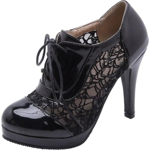 AGODOR 2020 Lace Up Women Pumps Thin High Heel Round Toe Lace Mesh Pumps Shoes Ladies Patent Leather Pumps Size 34-43