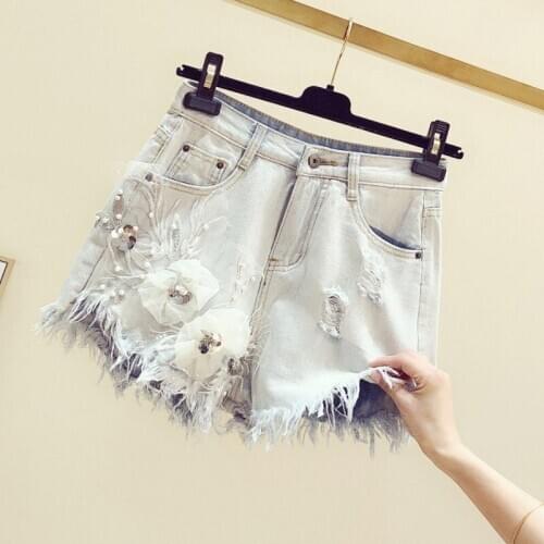 Heavy Industry Flower Embroidered High Waist Denim Shorts Womens 2020 Summer New Brushed White Raw Wide Leg Pants Hot Pants