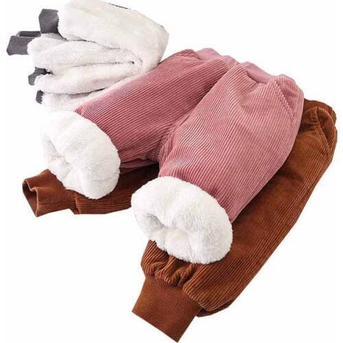 Warm Winter Baby Infants Kids Girls Boys Plus velvet Thicken Corduroy striped cute Solid color Full Length Pants trousers