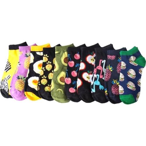 Spring and summer men and women boat socks fruit food avocado egg yolk pineapple cartoon animal bird couple cotton socks