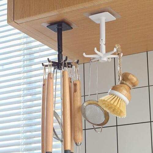 Rotating Hook Kitchen Tool Storage Non-Marking Hook Free-Perforating Wall Hanging 360-Degree Rotating 6-Claw Storage Rack