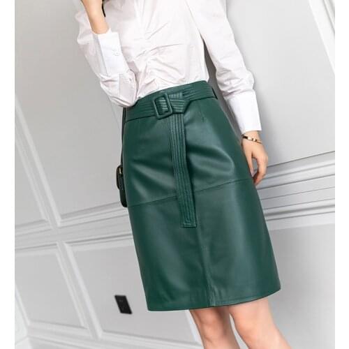 Women Lace-up Genuine Leather Skirt Female Winter Pure Sheep Skin Knee Length Saias With Belt Feminina Neat Stitches Wrap Jupe