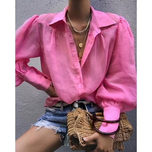 2021 New Linen Solid Color Blouse Turn-down Collar Women Casual Lantern Long Sleeve Button Shirts Loose Top Lady Clothing