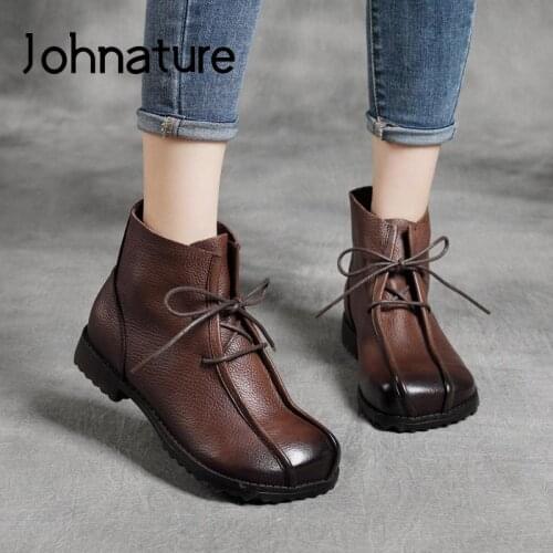 Johnature Genuine Leather Ankle Boots For Women Shoes Lace-Up Flat With 2021 New Autumn Winter Leisure Sewing Platform Boots