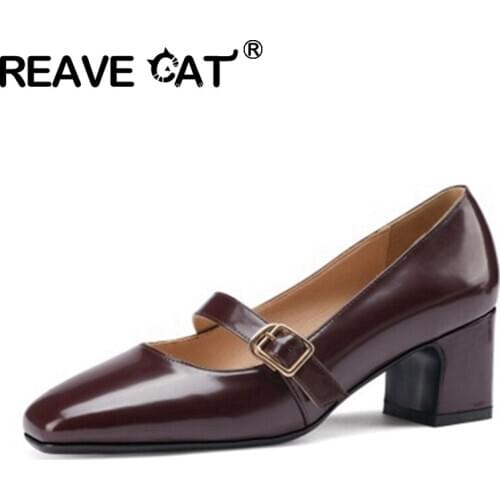 REAVE CAT New 2021 Women Pumps Square Toe 5.5cm Block Heels Genuine Leather Buckle Classic Stylish Big Size 43 Casual A3779