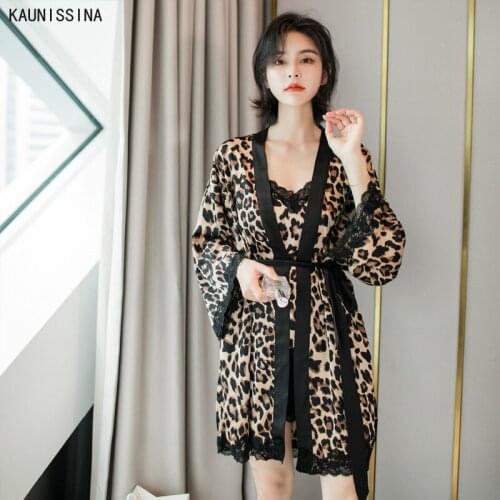 Women Summer Sexy Leopard Print Pajamas Sets and Robe Sets Spaghetti Strap Tops Shorts Three Piece Silk Sleepwear Female Pajama