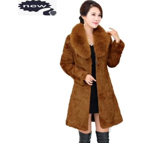 Winter Women Real Coat Warm Rabbit Long Jacket Slim Fit Fox Collar Outerwear Overcoat Plus Size 6XL Womens Fur Coats